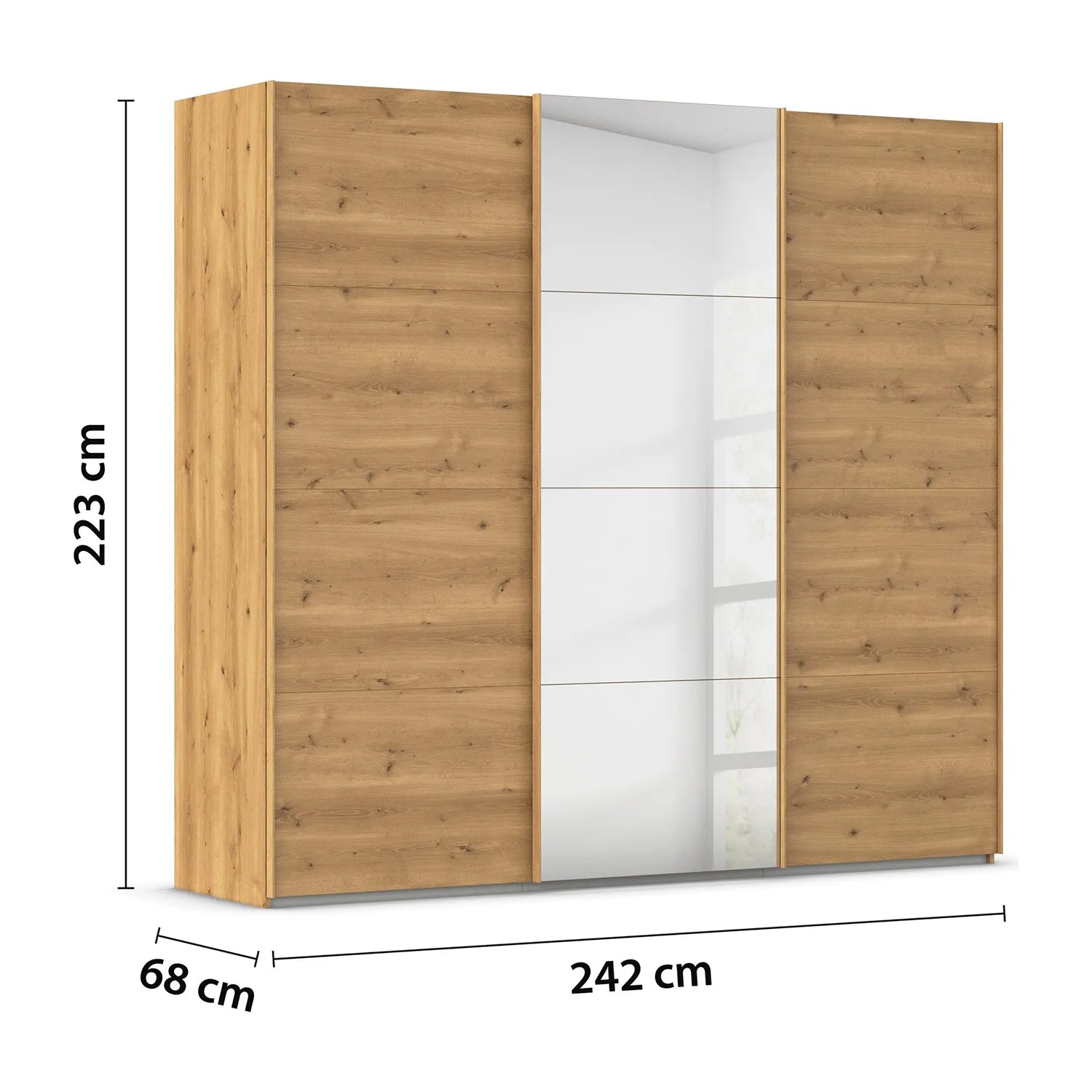 Rauch Wood effect wardrobe with middle mirror doors, dimensions labeled on a white background