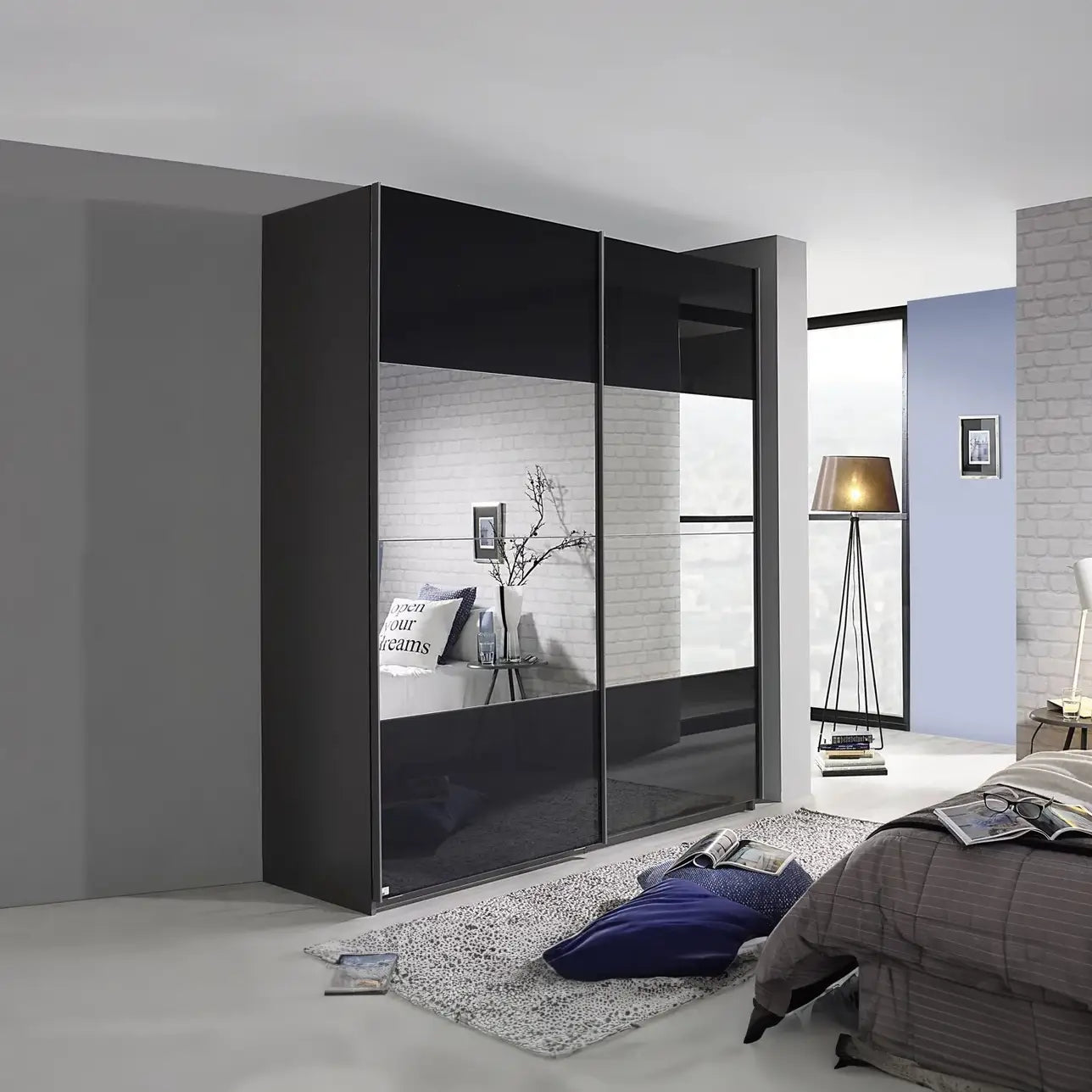 Rauch Forms Basalt Glass 2 Door Sliding Wardrobe with Mirror - W 137, 181, 226 or 271cm