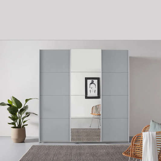 Rauch Forms Silk Grey & Mirror 3 Door Sliding Wardrobe - Styled in a Bedroom