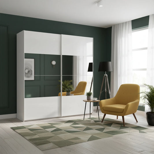 Rauch Formes White Glass and Mirror Front Sliding Door Wardrobe available in Multiple Sizes