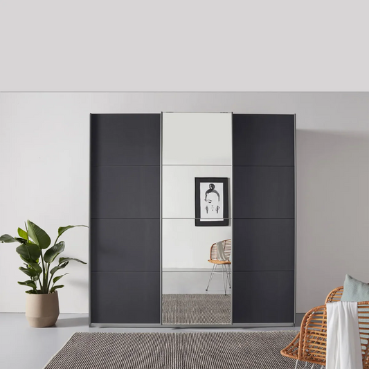 Rauch Forms Metallic Grey & Mirror 3 Door Sliding Wardrobe - Front view Styled in a Bedroom