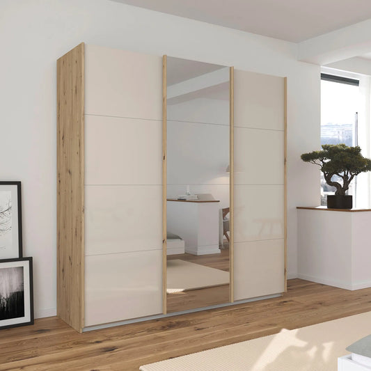 Rauch Forms Oak & Champagne Glass 3 Door Sliding Wardrobe - Styled in a Room