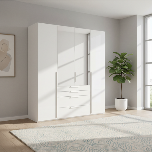 Rauch Frans 201cm Glass 4 Door Hinged Wardrobe with Exterior Drawers