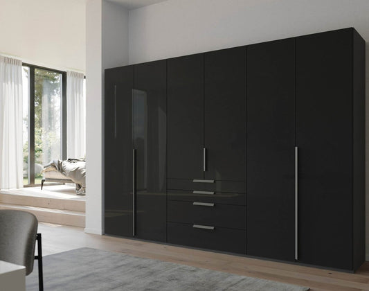 Frans 300cm 6 Door Wardrobe With Drawers in Basalt Glass - Styled in a Bedroom
