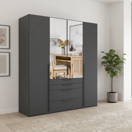 Shop the Rauch Frans 201cm 4 door wardrobe with exterior drawers, Mirror, free delivery, optional room of choice delivery or assembly, and a 10-year guarantee.