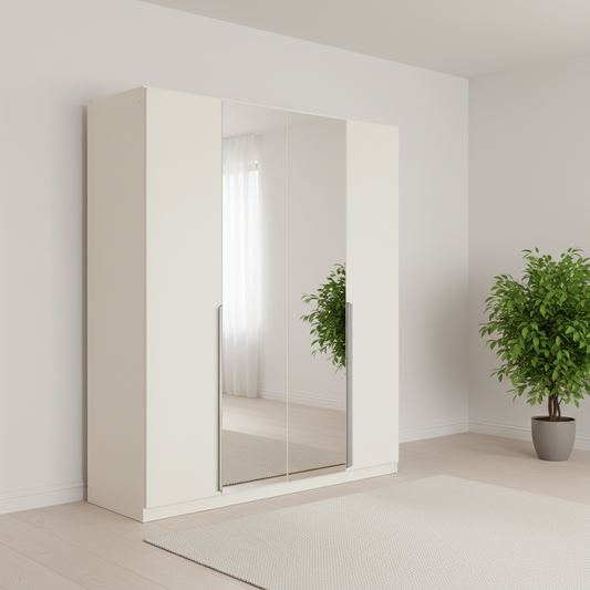 Rauch Glamour white four door wardrobe with two mirrored centre doors and long chrome handles