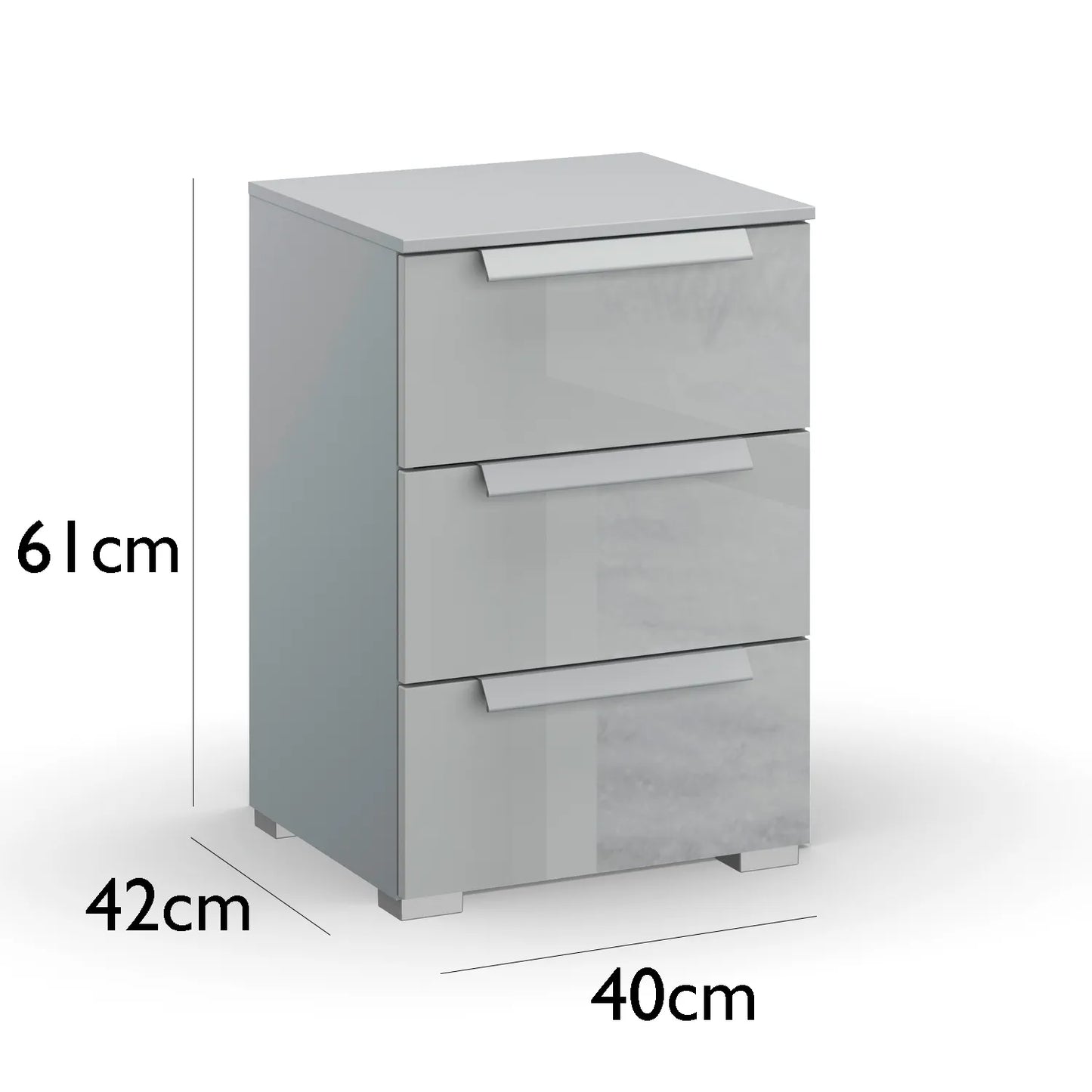 Rauch Perth 3 Drawer Silk Grey Glass Bedside Table - Dimensions