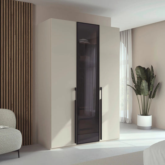 Shop the Rauch Kacey Champagne 3 Door Wardrobe with dark glass centre door, black handles, free assembly and 10-year warranty.