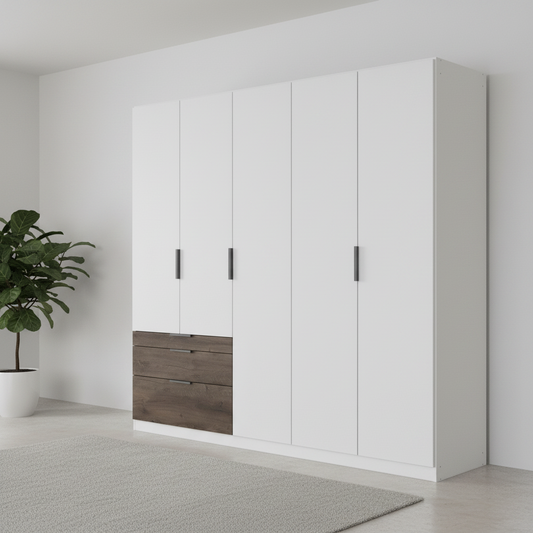 Kodi white 226cm wardrobe showing three full-height doors beside the drawer unit