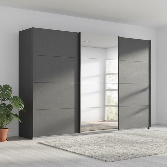 Large 271cm Wide Rauch Forms Décor Metallic Grey Sliding 3 Door Wardrobe with Mirror