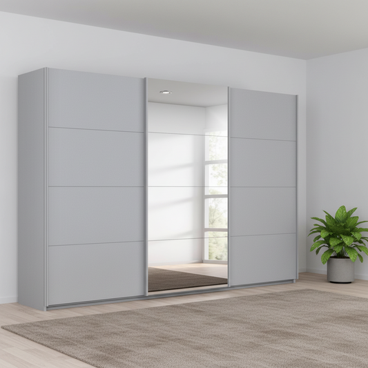 Large 271cm Wide Rauch Forms Décor Silk Grey Sliding 3 Door Wardrobe with Mirror