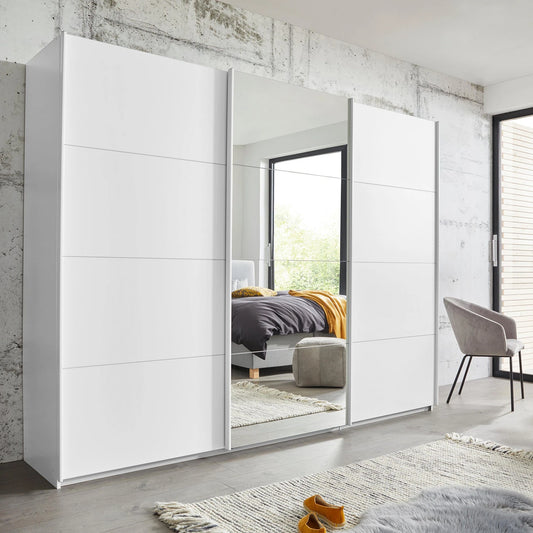 Rauch Forms three door sliding wardrobe in matt white décor with a mirrored centre door