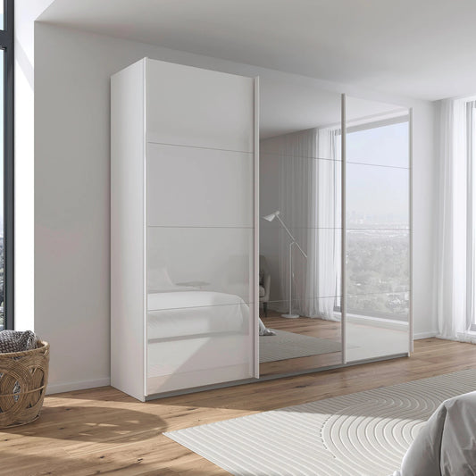 Rauch Forms three door large 271cm wide sliding wardrobe with white tempered glass fronts and a mirrored centre door