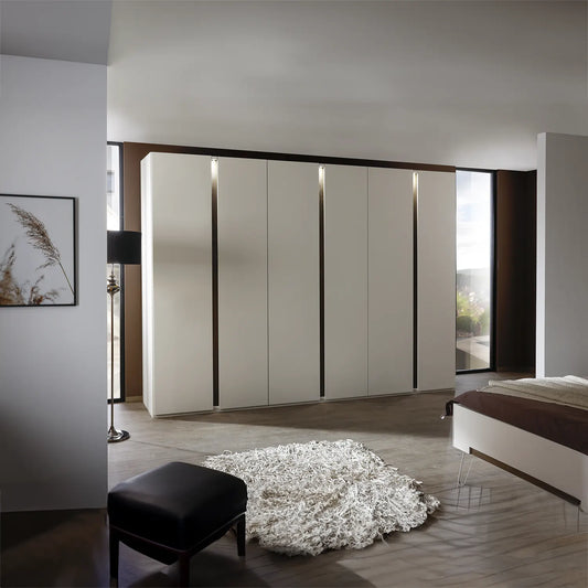 Larisa 301cm Champagne & Atlantic Oak Hinged 6 Door Wardrobe with LED Lights