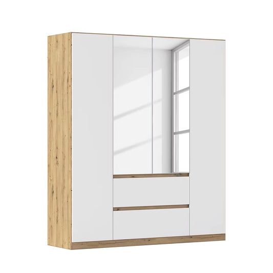 Rauch Leon Oak & White 4 Door 2 Drawer Wardrobe With Mirror – 181cm