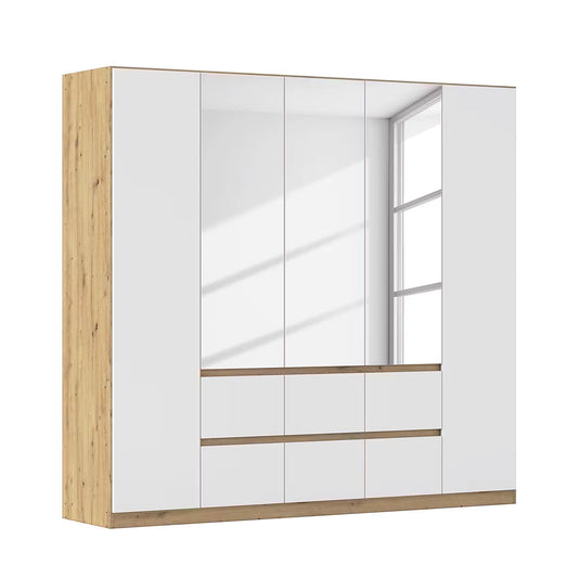 Rauch Leon Oak & White 5 Door 6 Drawer Wardrobe With Mirror– 226cm