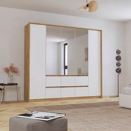 Rauch Leon Mainz 5 Door, 6 Drawer Hinged Door Wardrobe With Mirrors and Passepartout Frame in White and Oak colour combination