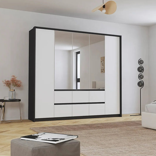 Rauch Leon Mainz Graphite & White 5 Door 6 Drawer Mirrored Wardrobe with Passepartout frame