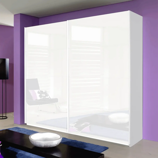 Rauch Forms White Glass 2 Door Slider Wardrobe - Styled in a Bedroom