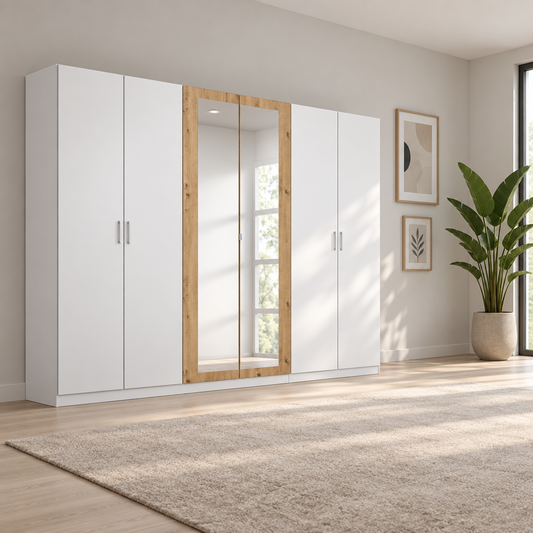Rauch Miro 6 Door Hinged Wardrobe 271cm With Mirror in Alpine White styled in a modern bedroom