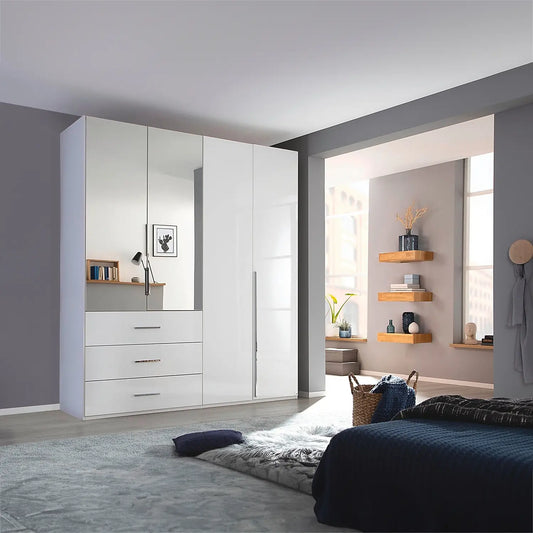 Rauch Montclar White High Gloss 4 Door Wardrobe with Drawers - Pendle Village Furniture