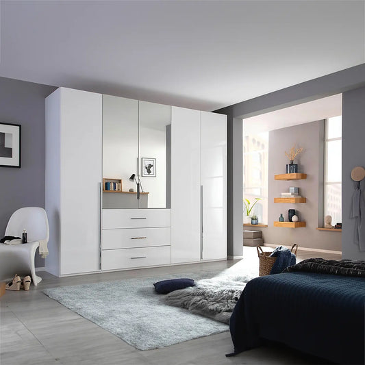 Rauch Montclar White High Gloss 5 Door Wardrobe with Drawers & Mirror - Styled in a Bedroom