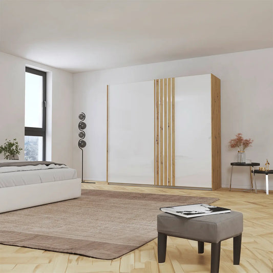 Rauch Mosbach White Glass Sliding Door Wardrobe - W226cm - Styled in a Bedroom