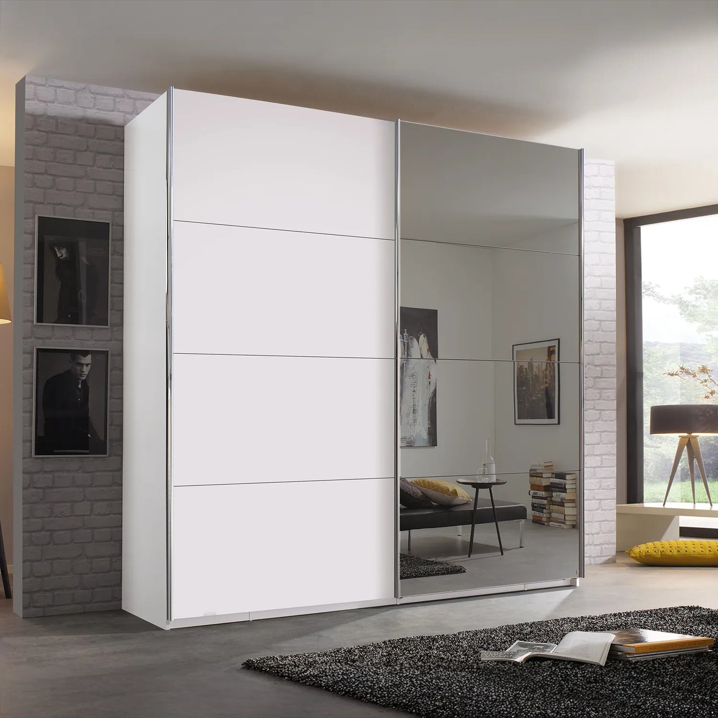 White sliding wardrobe with mirror doors in a modern room setting. Shows alternative option of mirror door instead of central mirrored panel