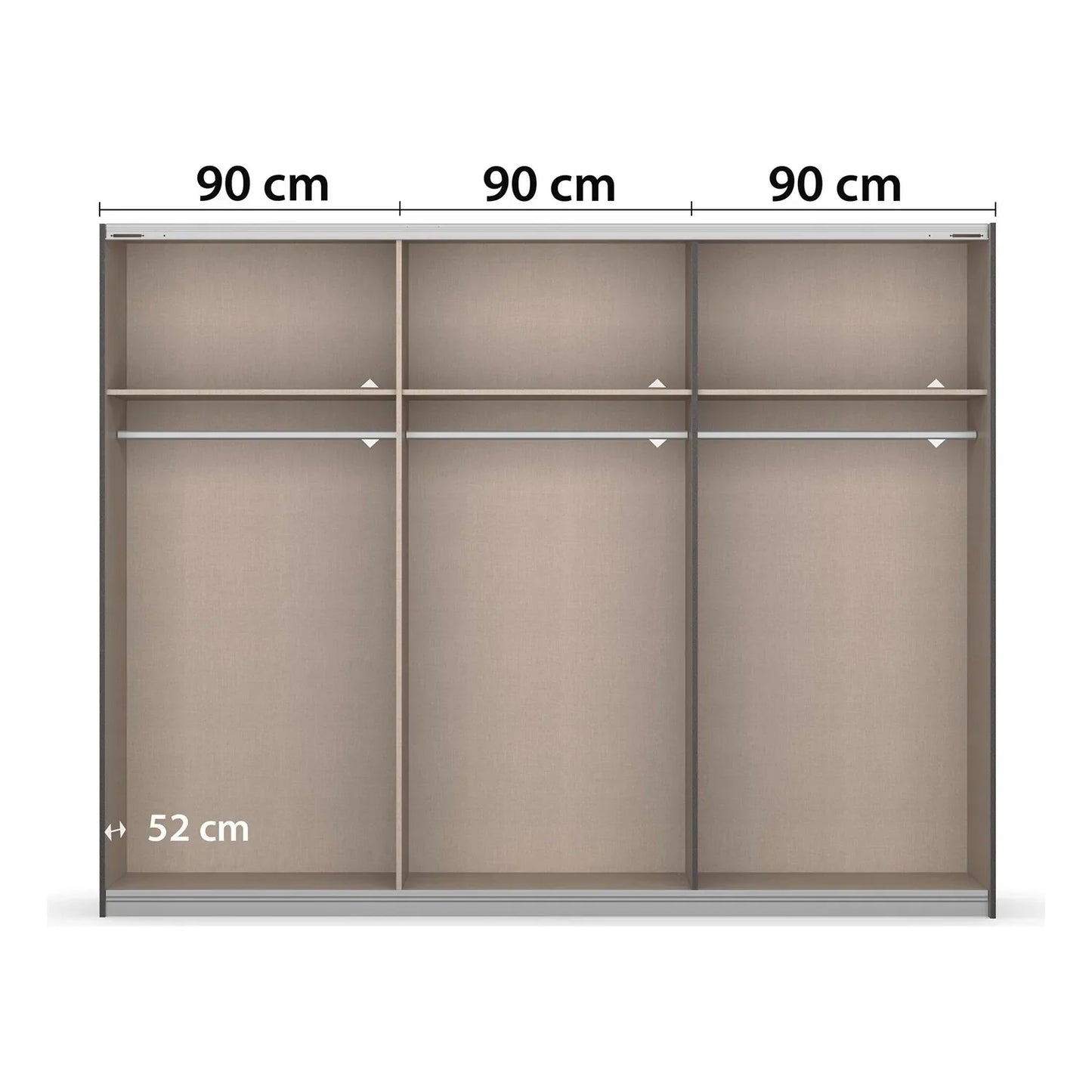 Novaro Champagne Glass Sliding Door Wardrobe - Interior view with Compartments Dimensions