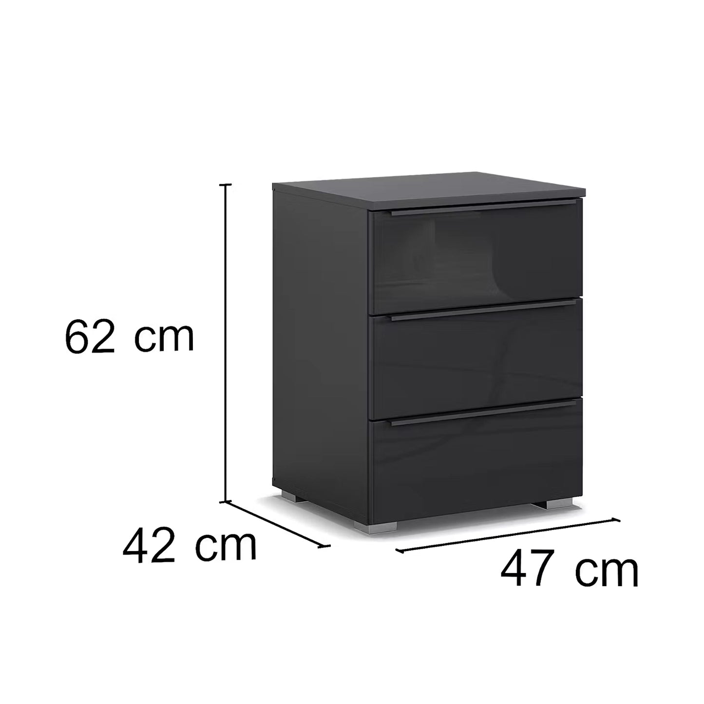 Rauch Novus 3 Drawer Beside Table With Glass in Graphite - Dmensions