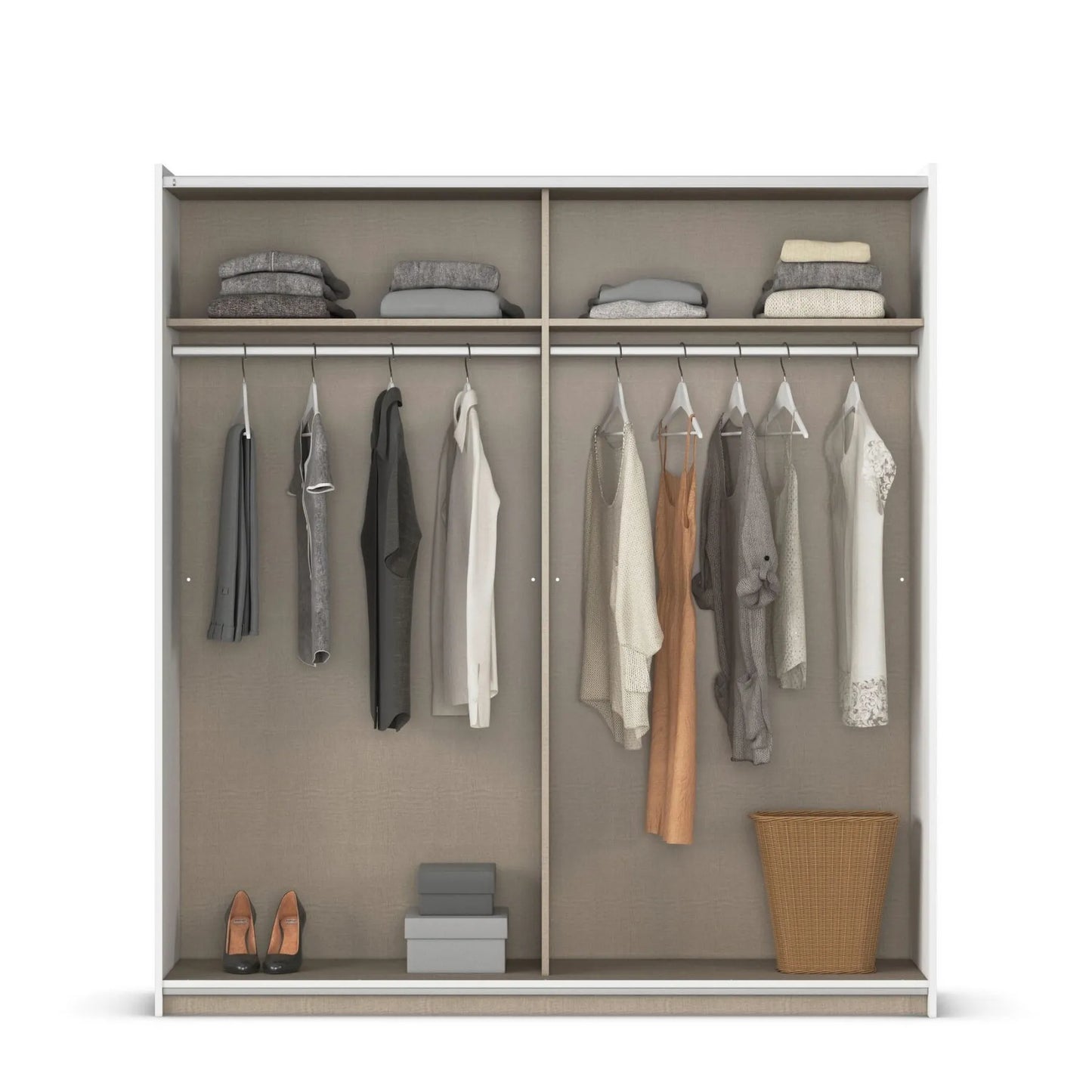 Closet with clothes hanging on racks and shoes at the bottom - Interior of Penzberg Wardrobe