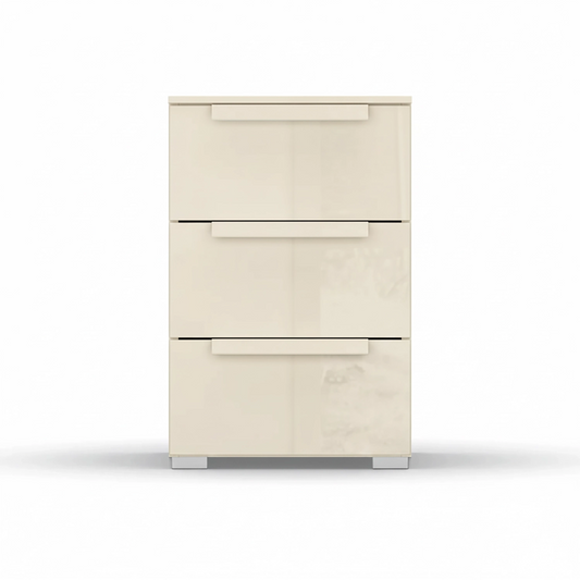 Front View Rauch Perth 3 Drawer Champagne Glass Bedside Table