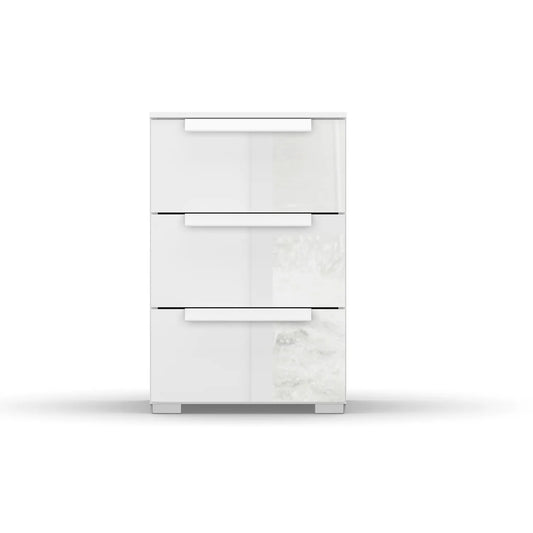 Rauch Perth 3 Drawer White Glass Bedside Table - Front view