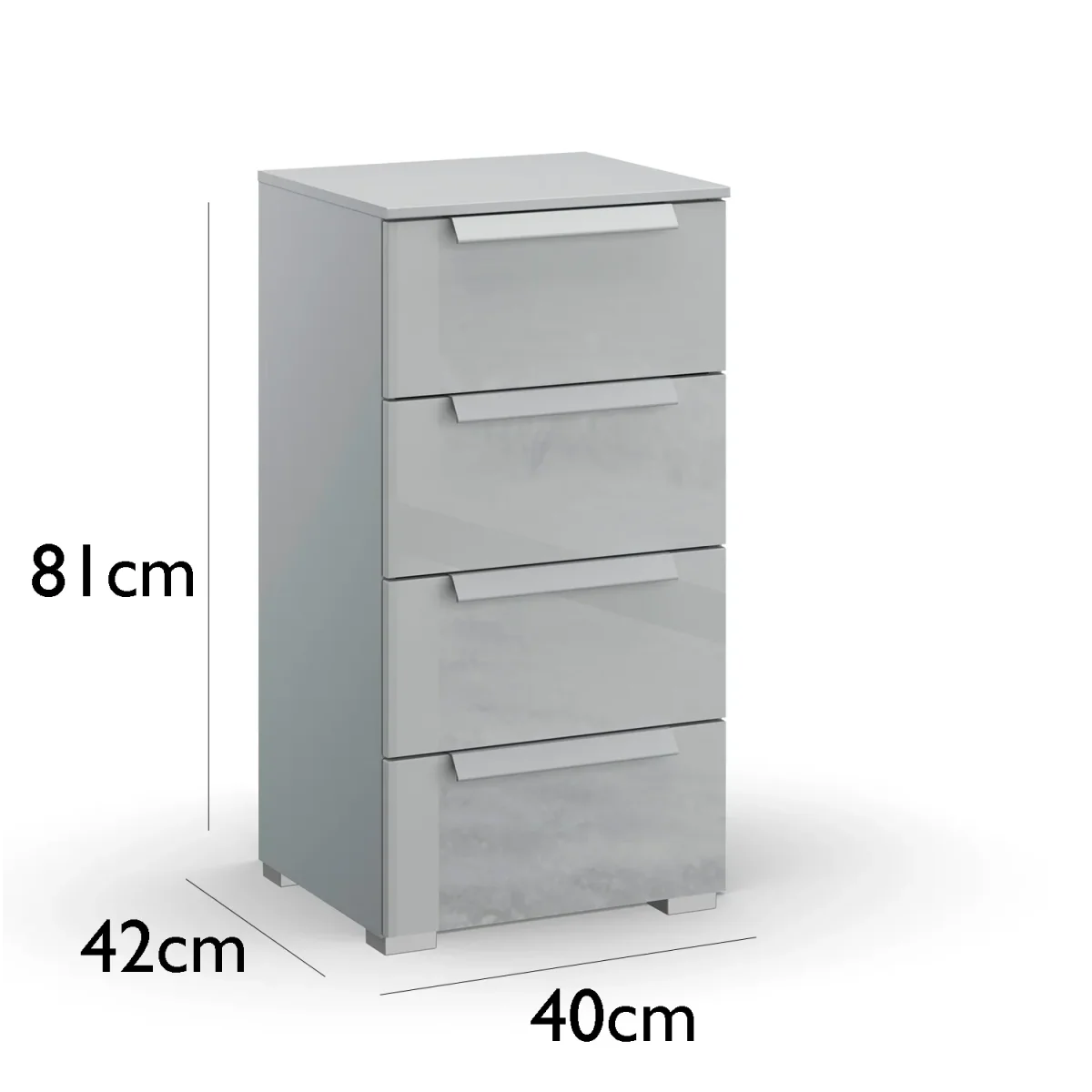 Rauch Perth 4 Drawer Silk Grey Glass Narrow Chest - Dimensions
