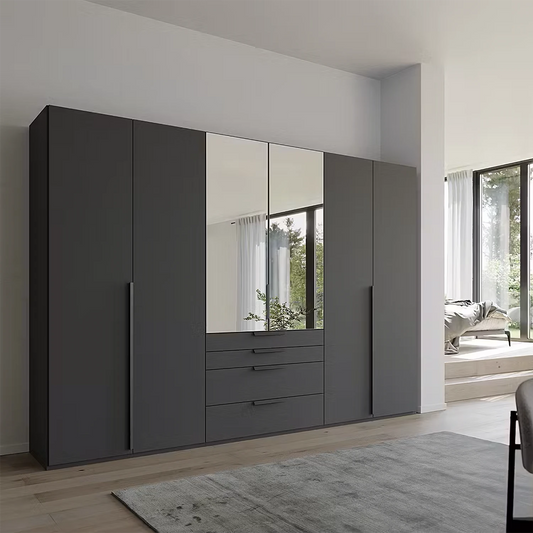 Shop the Rauch Frans 301cm 6 door wardrobe with exterior drawers, Mirror, free delivery, optional installation and a 10-year manufacturer guarantee.