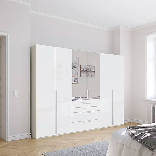 A modern Rauch Frans 301cm Glass 6 Door Hinged Wardrobe with Exterior Drawers, Mirror and Long Door Handles