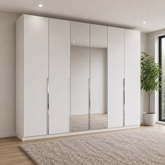 Rauch Glamour large white six door wardrobe with two mirrored centre doors and long chrome handles