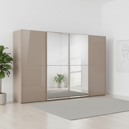 Rauch Supreme Duo four door sliding wardrobe in Fango glass with two mirrored centre doors