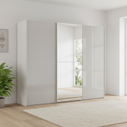 Silk Grey Supreme Duo 3 door sliding wardrobe filling a bedroom wall with the centre mirror in view
