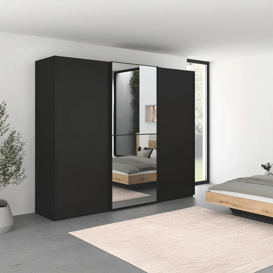 Supreme Duo Black Glass & Mirror 3 Door Sliding Door Wardrobe in bedroom