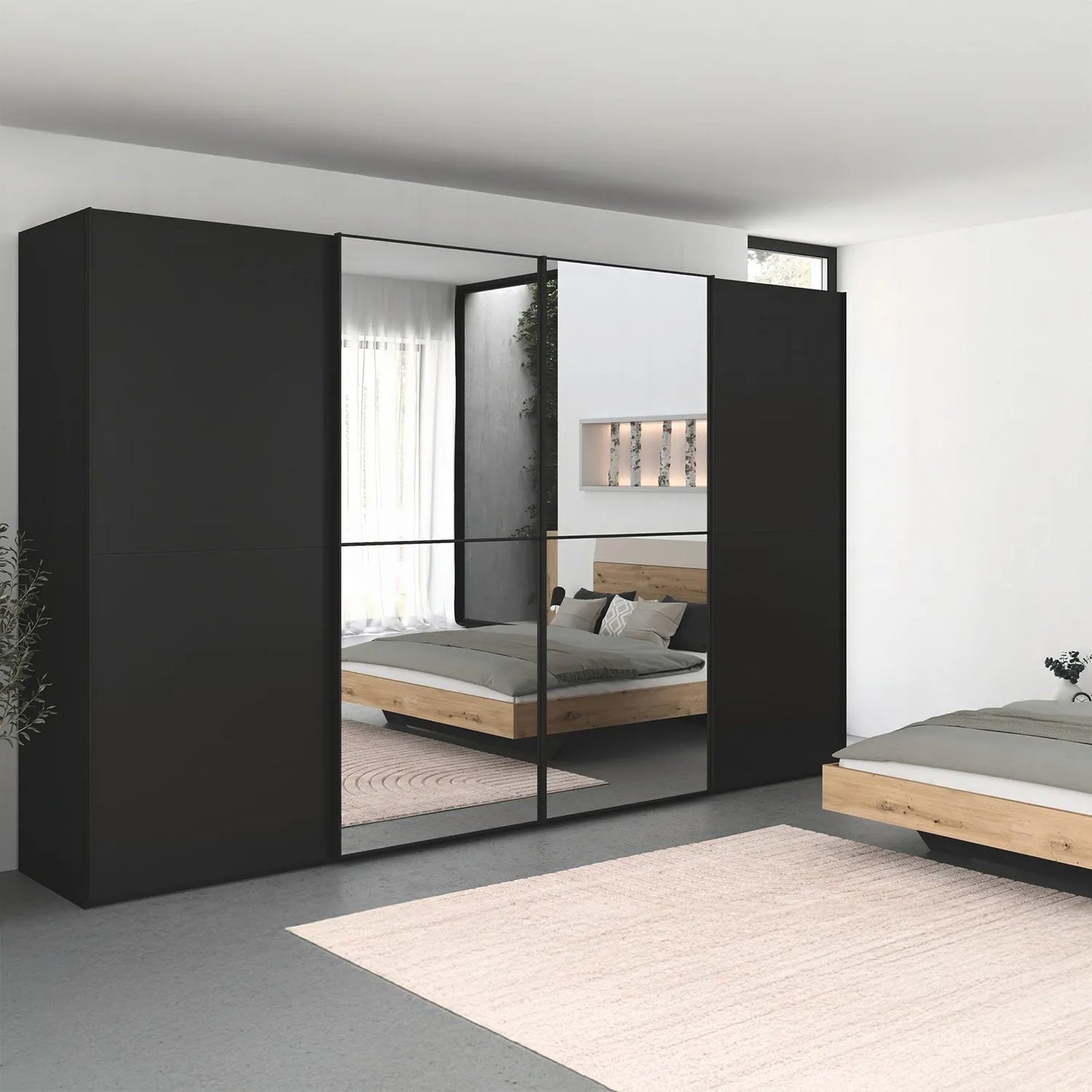 Supreme Duo Black Glass & Mirror 4 Door Sliding Door Wardrobe in bedroom