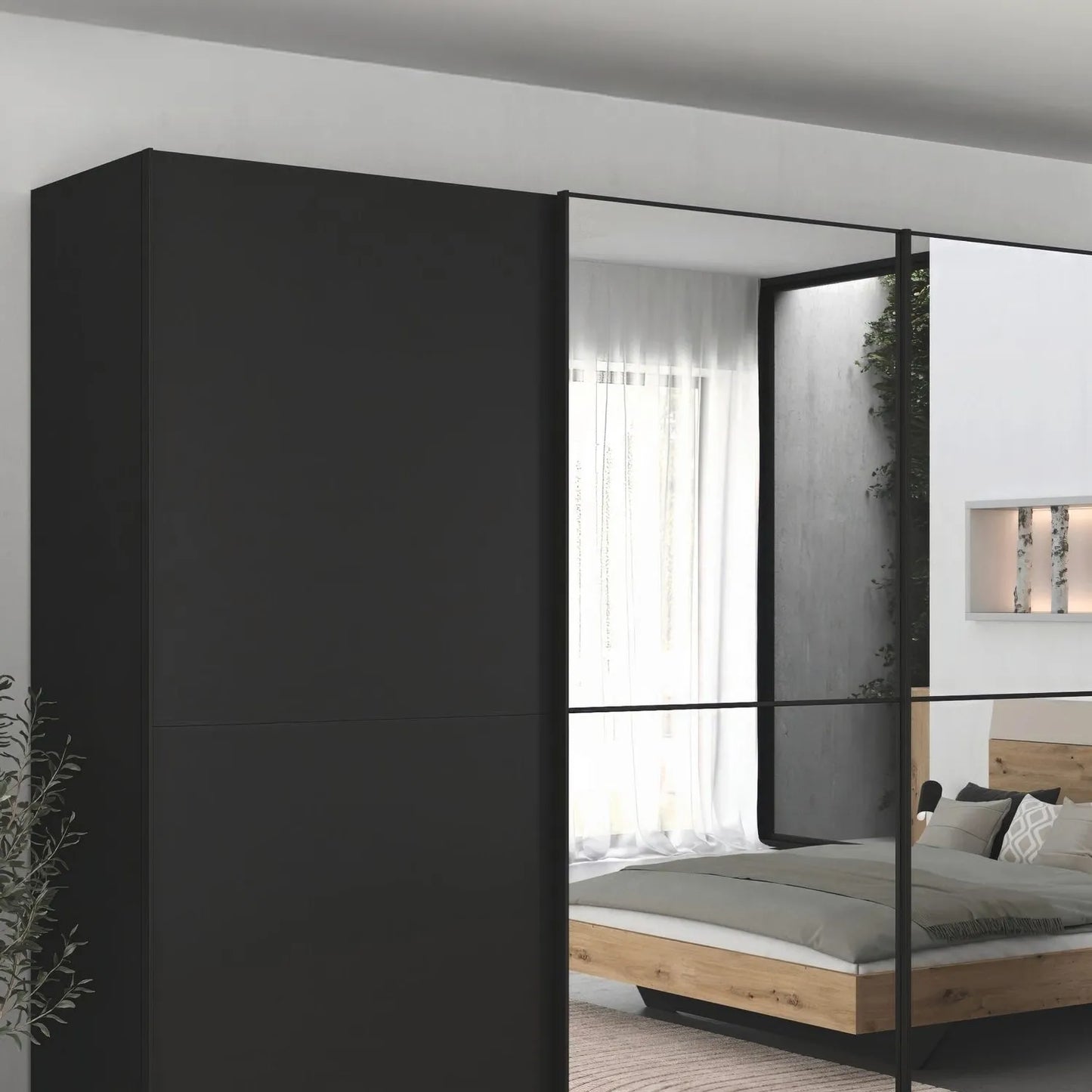 Supreme Duo Black Glass & Mirror 4 Door Sliding Door Wardrobe closeup