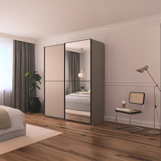 Supreme Duo Fango 2 Door Sliding Wardrobe with Mirror & Black Trim - Styled in a Bedroom