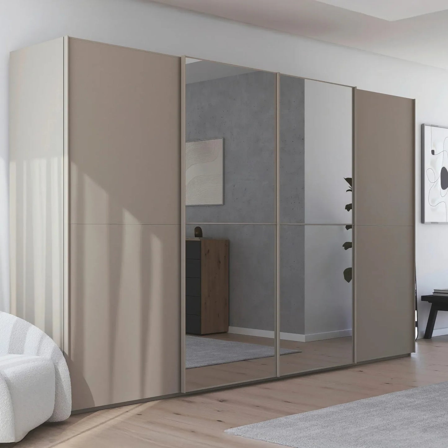 Supreme Duo Fango 4 Door Sliding Wardrobe with Mirror - Styled in a Bedroom