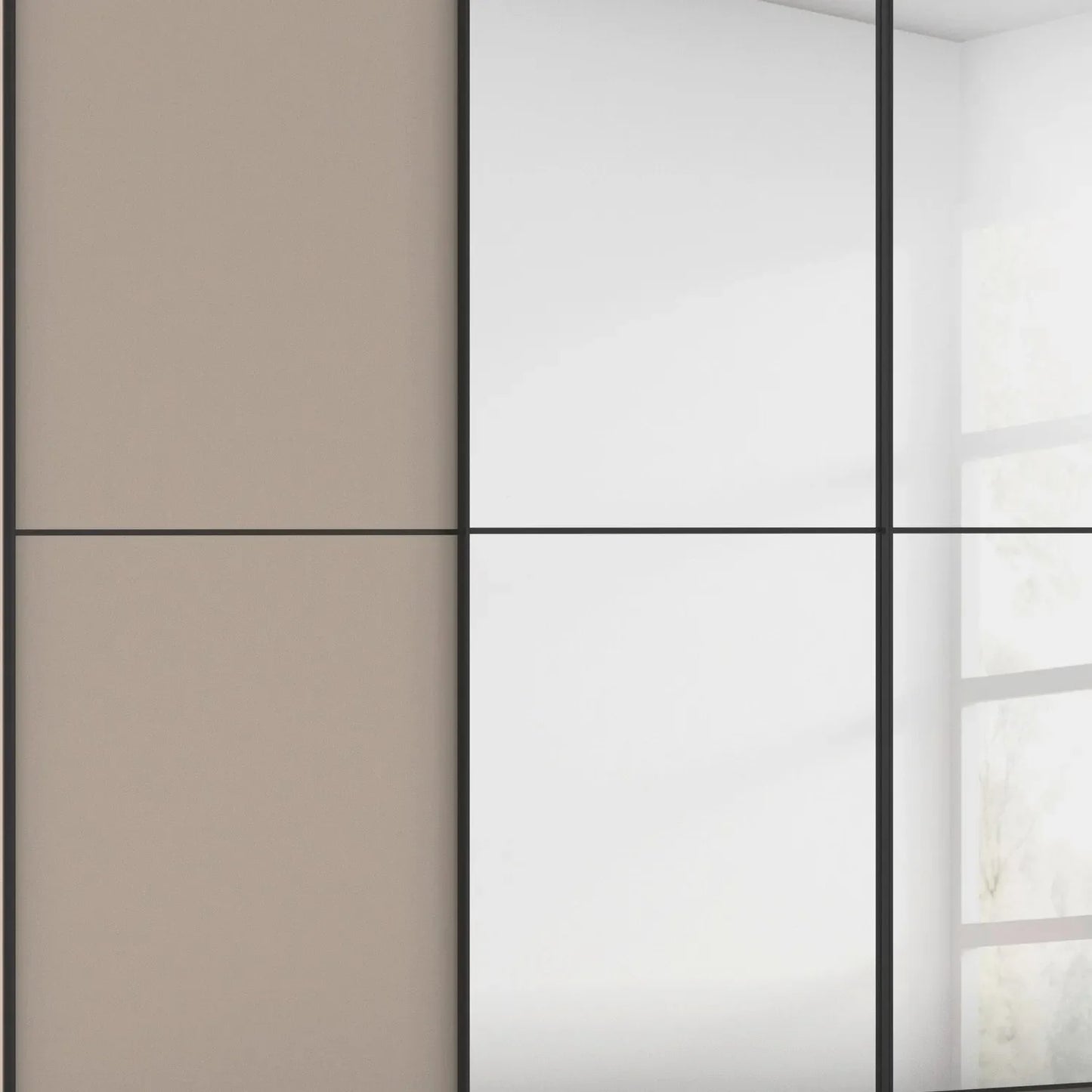 Supreme Duo Fango 4 Door Sliding Wardrobe with Mirror & Black Trim - Closeup View