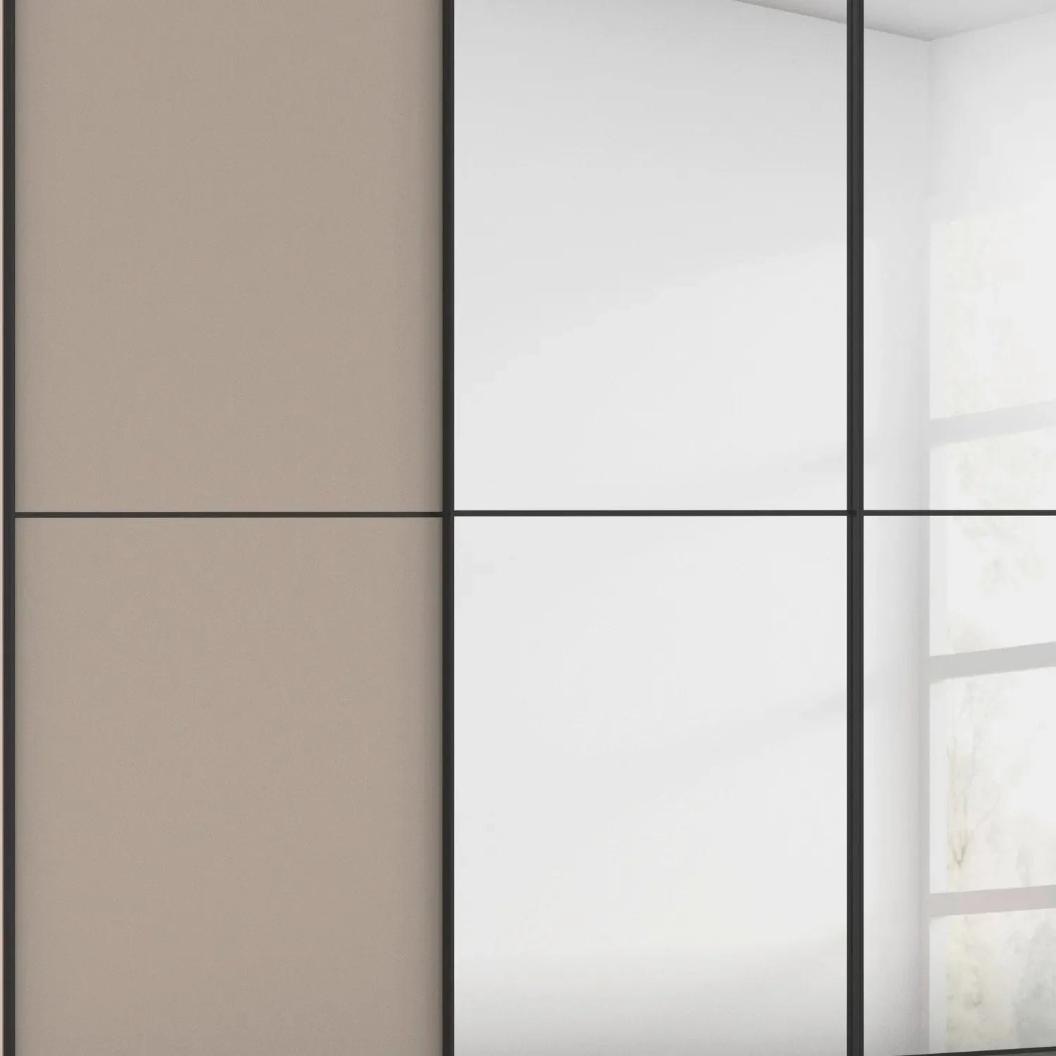 Supreme Duo Fango 4 Door Sliding Wardrobe with Mirror & Black Trim - Closeup View