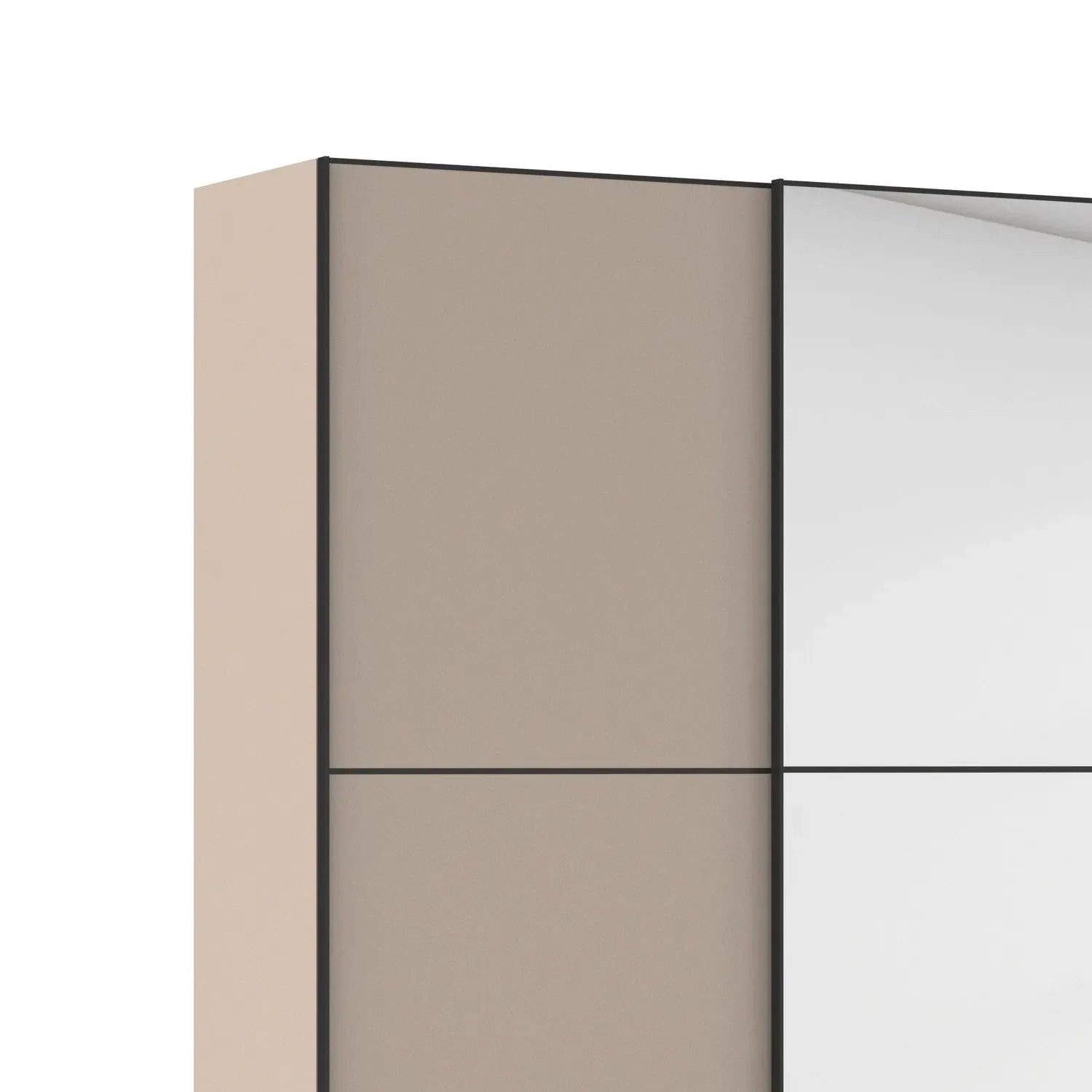 Interior View of Supreme Duo Fango 4 Door Sliding Wardrobe with Mirror & Black Trim - Side Closeup View