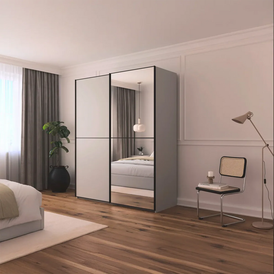 Room Shot of Supreme Duo Silk Grey 2 Door Sliding Wardrobe with Mirror with Black Trims and Door Handles by Rauch
