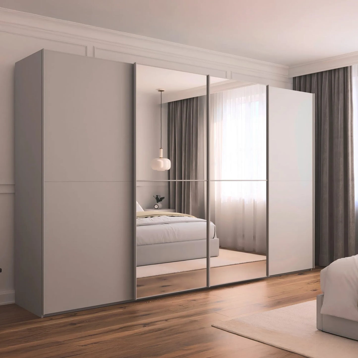 Supreme Duo Silk Grey 4 Door Sliding Wardrobe with Mirror - Styled in a Bedroom