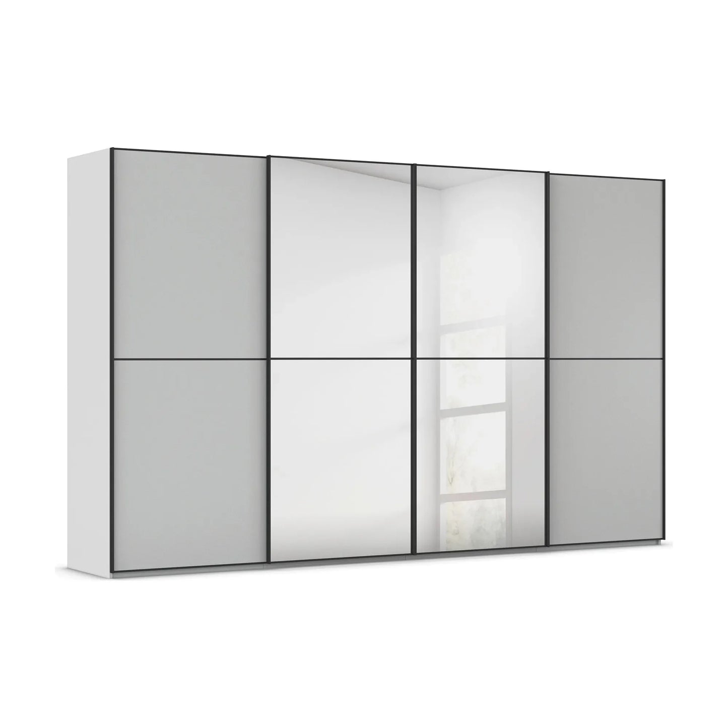 Supreme Duo  4 Door Sliding Wardrobe with Mirror with Black Trims and Door Handles in Silk Grey Colour